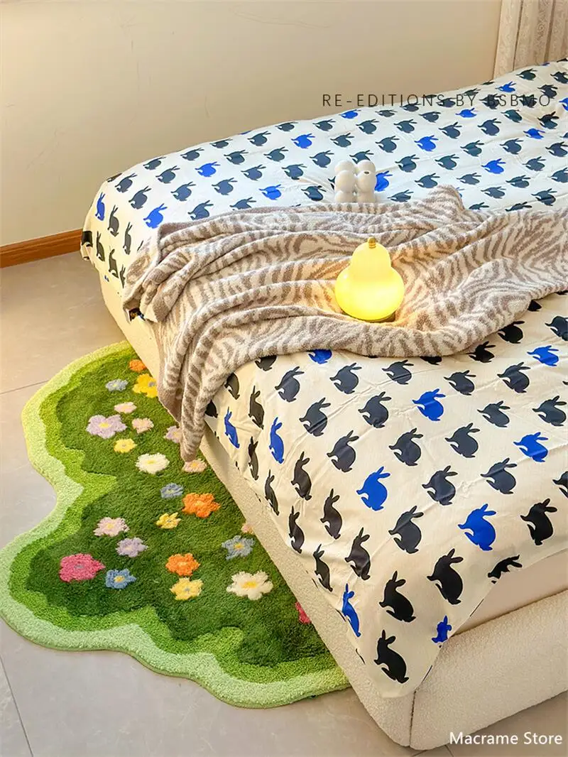 Wavy Shape Green 3D Flower Tufted Rug Soft Tufting Sofa Carpet Absorbent  Non-slip Room Floor Foots Mats Bedside Rugs Foot Pads