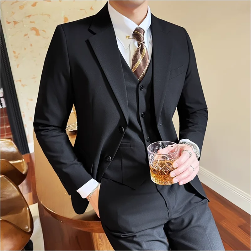 (Jacket+Vest+Pant) Luxury Men's Slim Fit Suits 3-Pcs Formal Business Work Wedding Stage Tuxedo High Quality Suit Plus Size 7XL-S