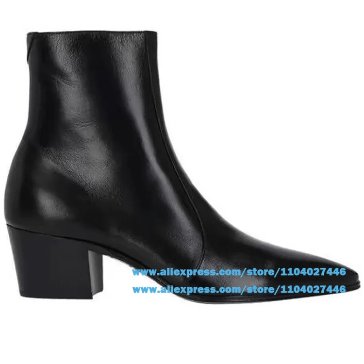 High Heeled Chelsea Boot Black Leather Pointed Zipper British Style Men's Boot Wear-Resistant Trendy Luxury Handmade Men's Shoes