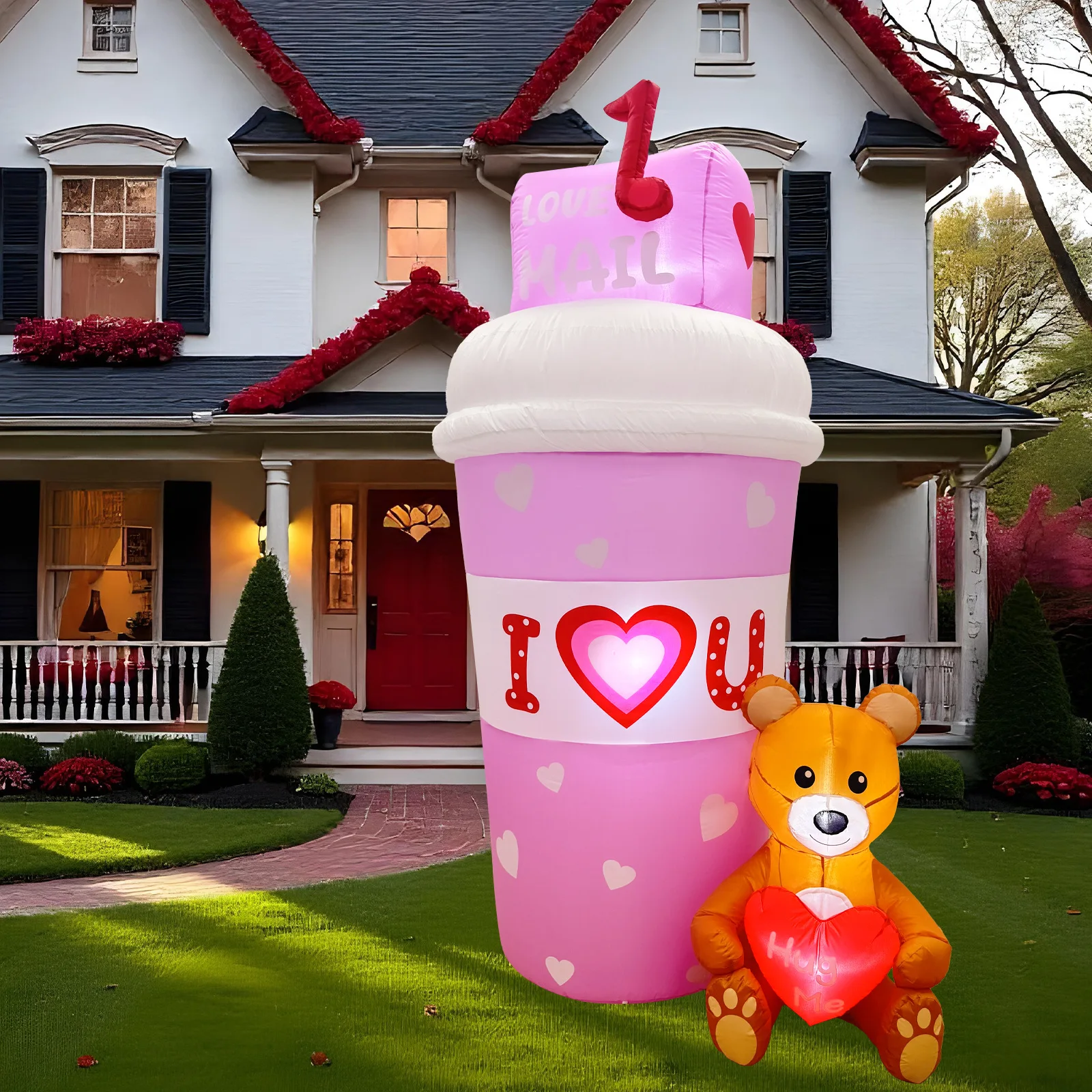 6FT Valentines Day Inflatable Mail Coffee Cup Pink Lighted Valentines Blow Up with Teddy Bear Outdoor Wedding Party Toys Decor