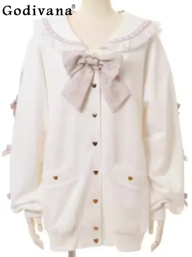 

Large Size Japanese Heart Shape Lace-up Sweet Bow Sailor Collar Sweatershirt Girl Versatile Age-reducing Long Sleeve Jacket Top
