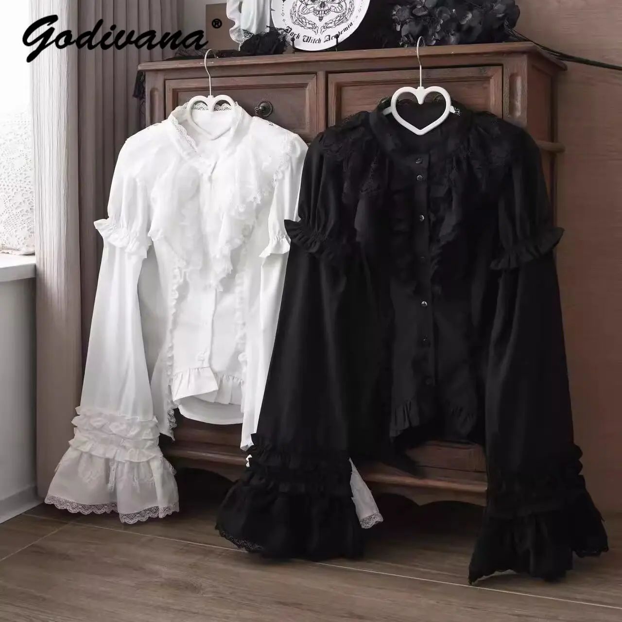 

Slim Fit Gothic Lolita Puff Sleeve Blouse Spring Women's Black White Ruffle Lace Inner Shirt Elegant Prince Style Lolita Outfit