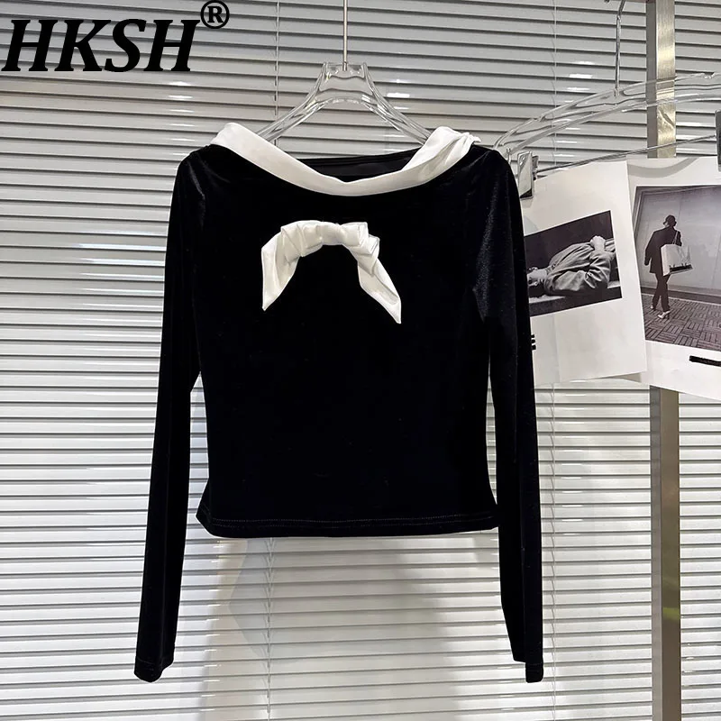 

HKSH Весна Осень Новая женская футболка с круглым воротником и длинными рукавами Цветной блок с бантом Шикарная бархатная футболка Элегантные высококачественные топы HK16418