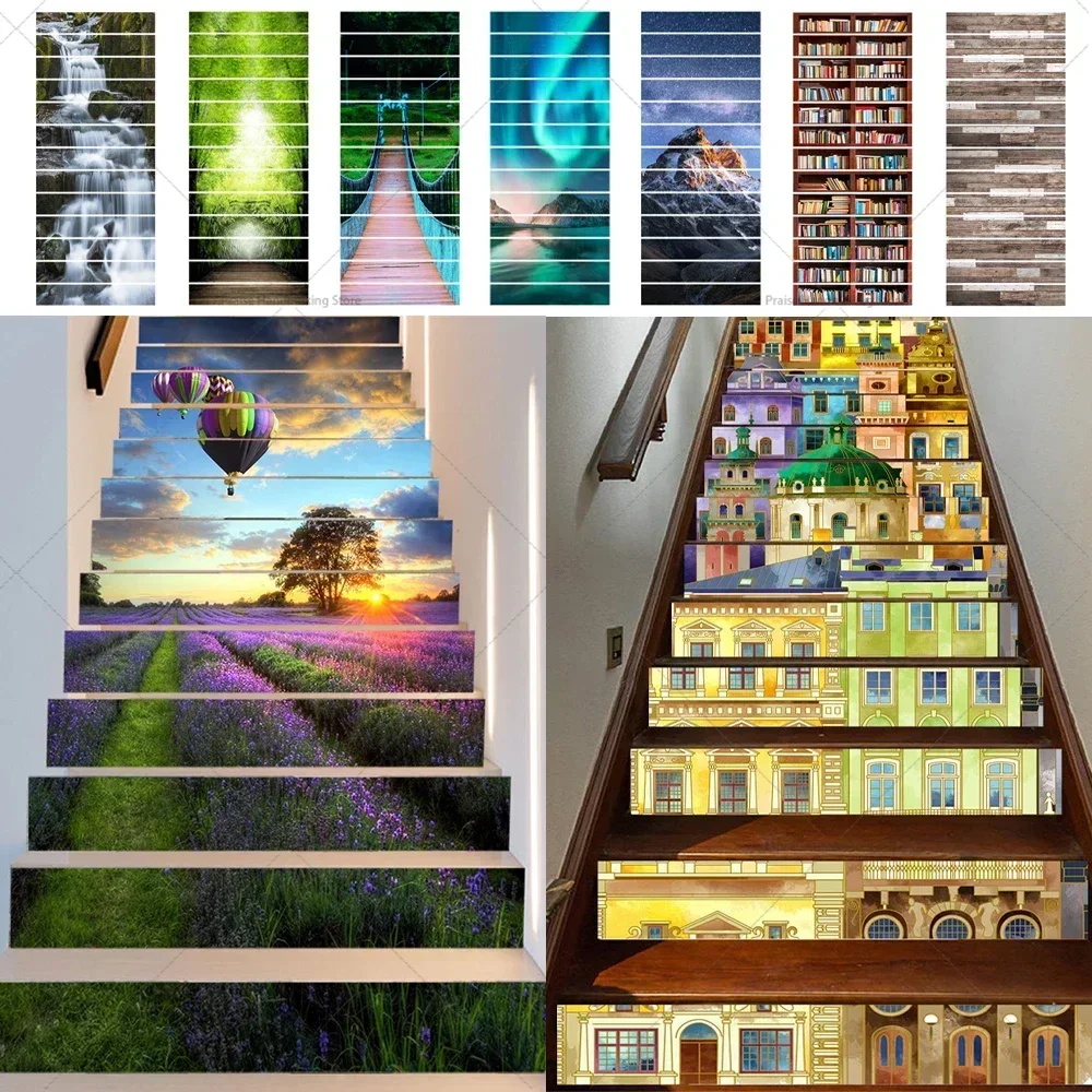 

Waterfall Bridge13pcs Creative Staircase Stickers PVC Waterproof Self-adhesive Floor Decoration Beautification Ladder Stickers