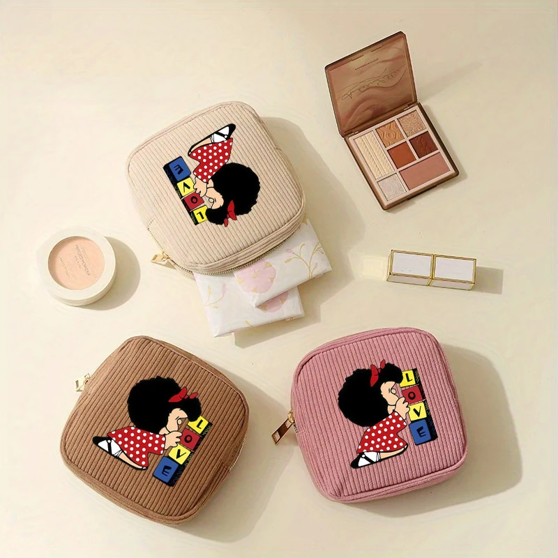 【Corduroy Cosmetic Bag】1 Pc Cubes Makeup Bag-MAFALDA Cartoon Pattern Small Makeup Bag For Purse Mini Cosmetics Bag For Women