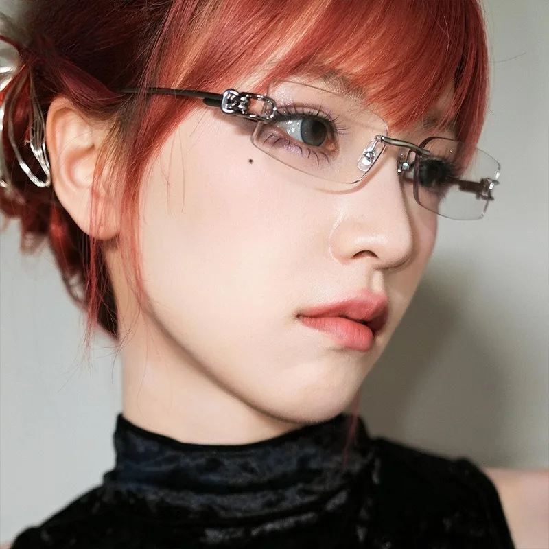 Y2K Rimless Rectangle Sunglasses for Women Alloy Frame Retro Clear Lens Shades UV400 Eyewear Outdoor Men Punk Trending Sun Glass