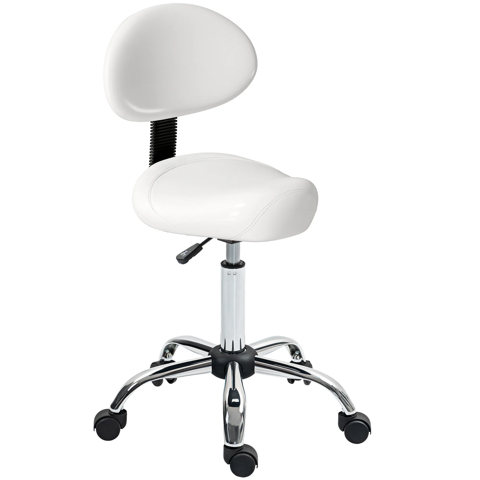 HOMCOM Taburete Giratorio con Respaldo y Ruedas Silla Ajustable para Salones de Belleza Estudio de Tatuajes 50x50x83-98cm Blanco