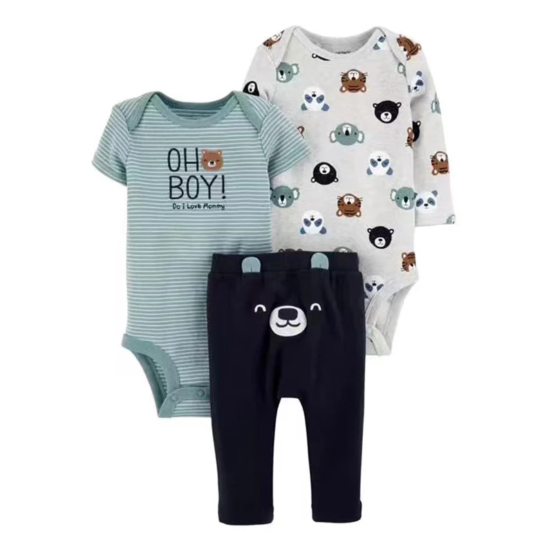 Spring Baby Boy Clothes Sets 100% Cotton Autumn Kids Outfit Bodysuit Top And Bottom 3Pcs Cartoon Animals Children Clothing Suit