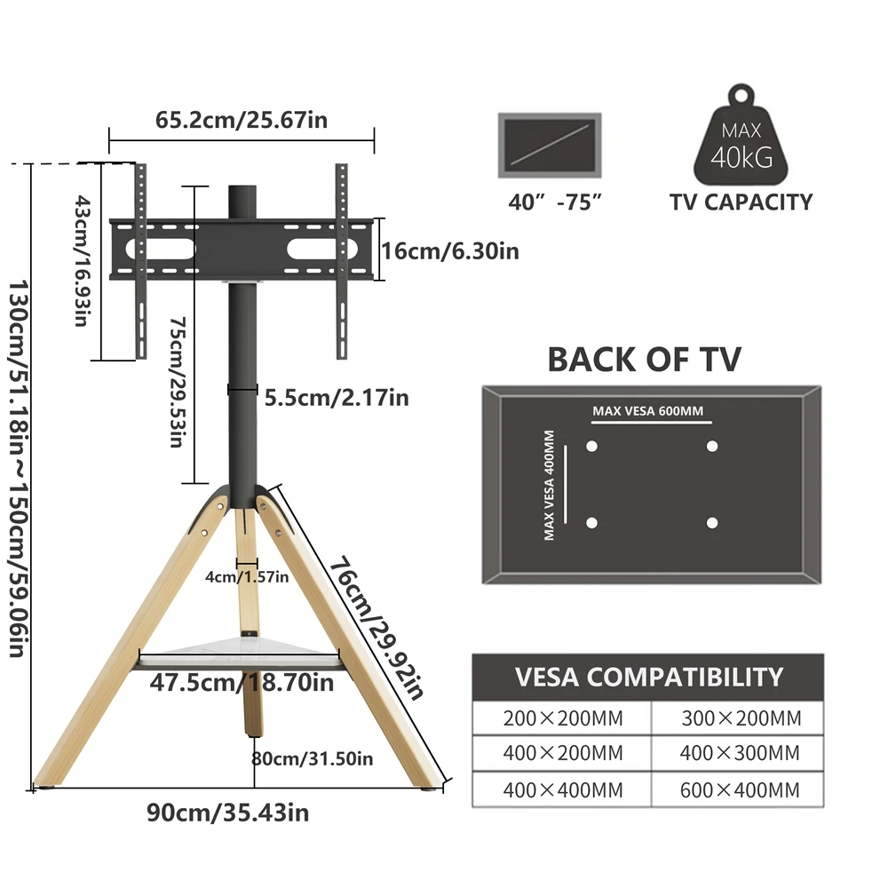 Universal Tripod Floor TV Stand for 40-75 Inch Swivel TV Mount Adjustable Height view 3