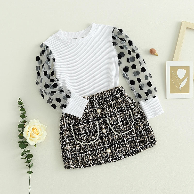 

Suefunskry Kids Girls Skirt Set, Dots See-through Long Sleeve T-shirt with Mini Skirt Spring Fall Elegant 2Pcs Outfit 3-7Years