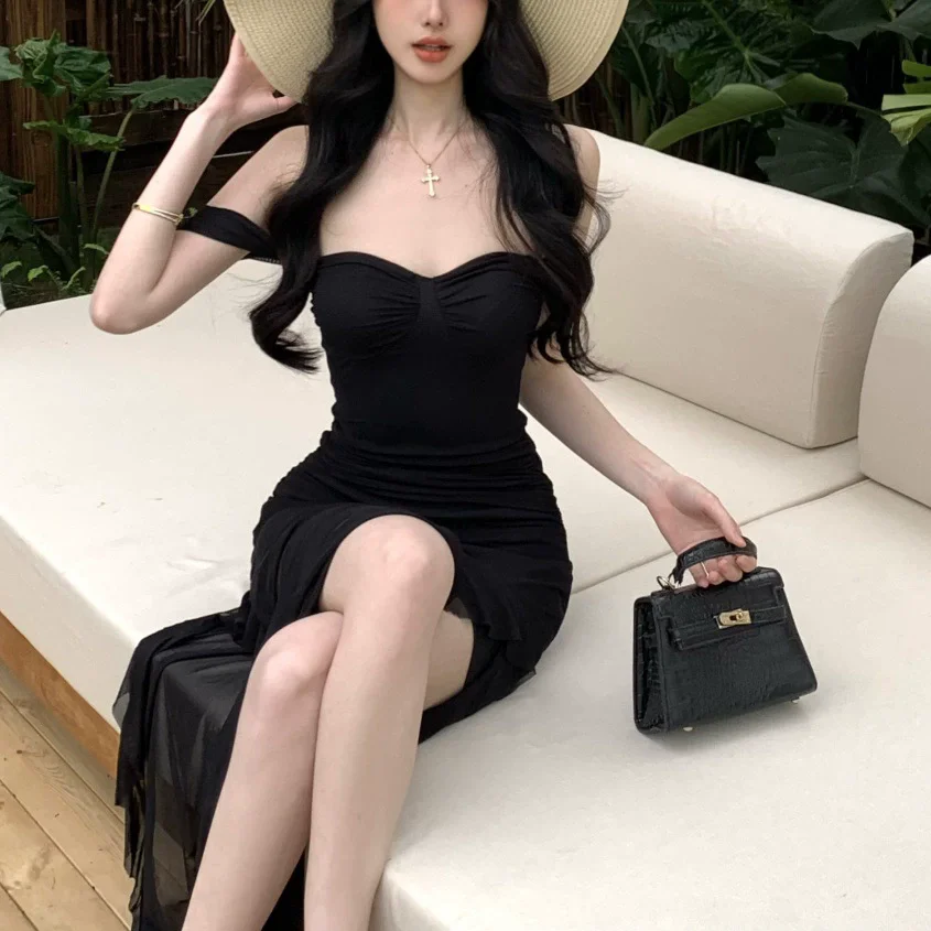 เดรสยาวทรงเมอร์เมดเข้ารูป ผ้าตาข่ายต่อผ้า คอร์เซ็ท สายเดี่ยว เปิดหลัง เซ็กซี่ จับจีบ ทรงเข้ารูป สไตล์วายทูเค สำหรับงานปาร์ตี้