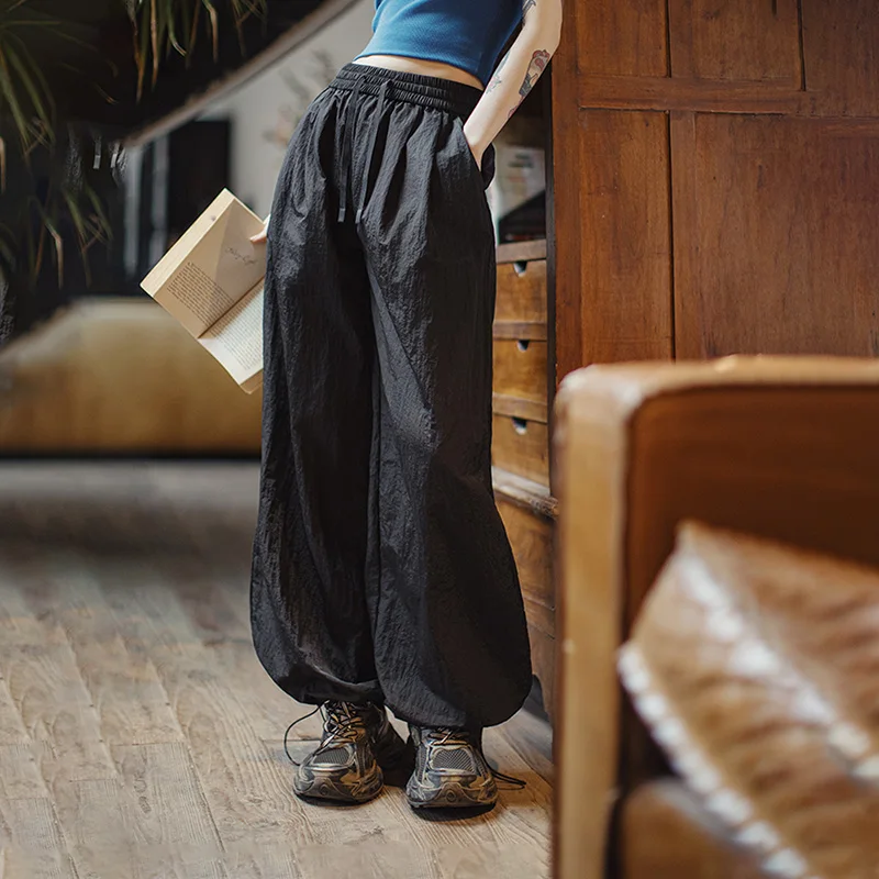 

Maden Women's Quick-Dry Casual Cargo Pants Black Wide Leg Drawstring Elastic Waist Pants Summer Outdoor Elastic Ankles Trousers