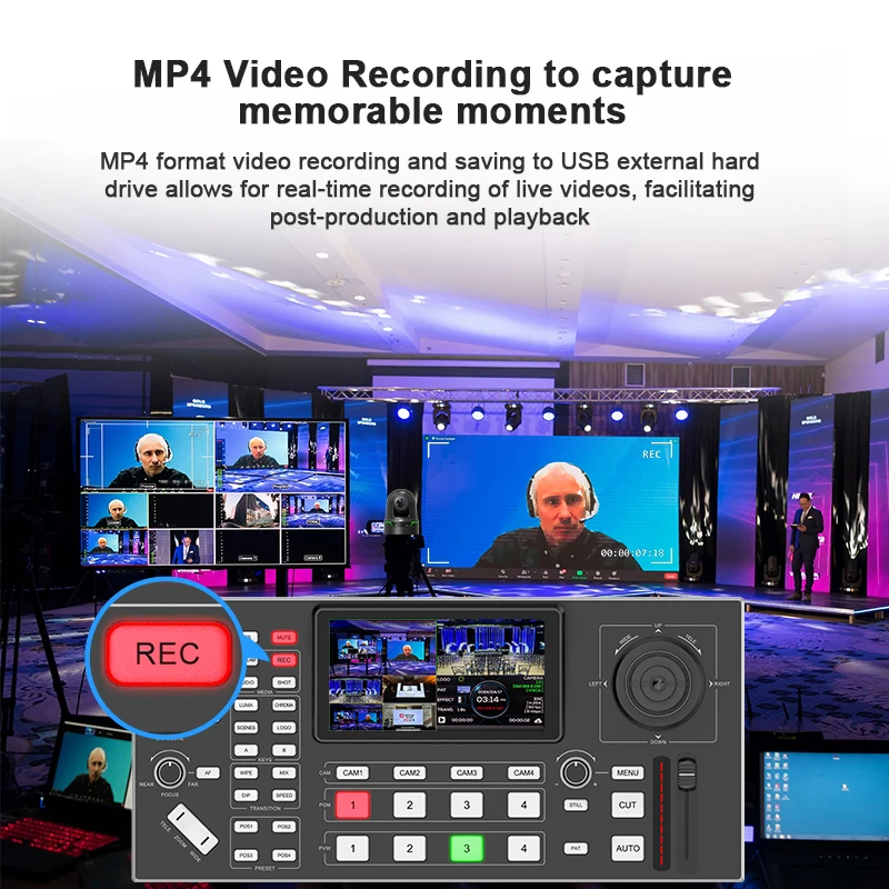 محول خلاط فيديو مع وحدة تحكم PTZ شاشة LCD مقاس 5.5 بوصة، محول بث مباشر HDMI ذو 4 قنوات مع عصا تحكم 4D