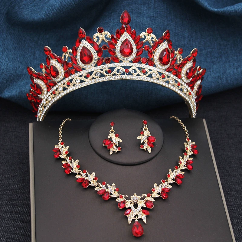 Vintage 3 pcs Bridal Crown Sets Royal Queen Princess Tiaras and Necklace Set Wedding Bride Jewelry Sets Costume Accessories