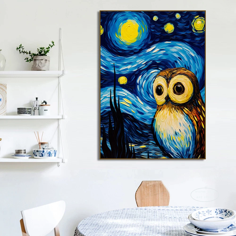 Owl Panda Raccoon Cow Tiger Cat Duck Starry Night Van Gogh Canvas Painting Abstract Posters Print Wall Art Pictures Home Decor