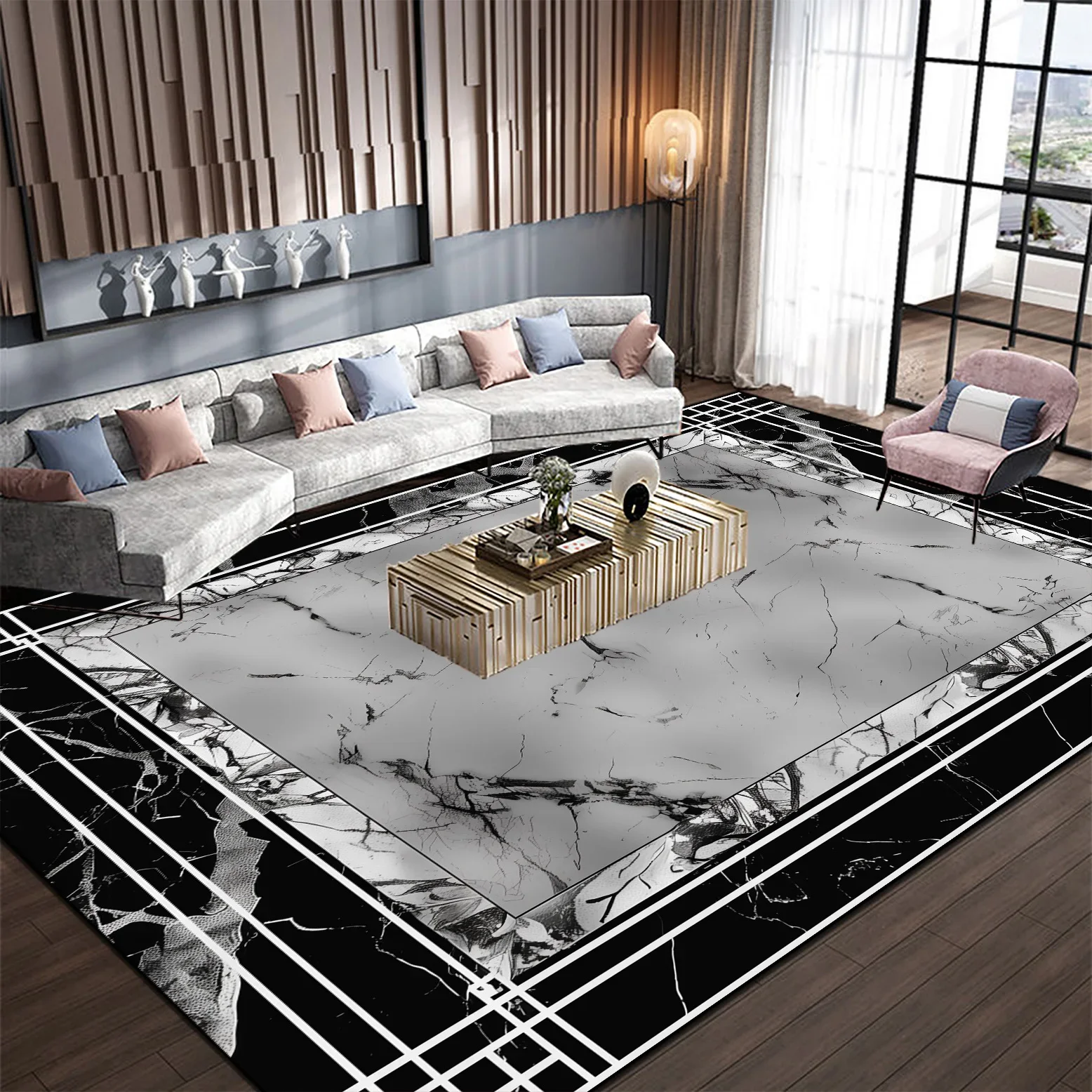 Light Luxury Marble Style Carpet Living Room Non-slip Black White Decoration Home Sofa Table Floor Mat Rugs for Bedroom Washable