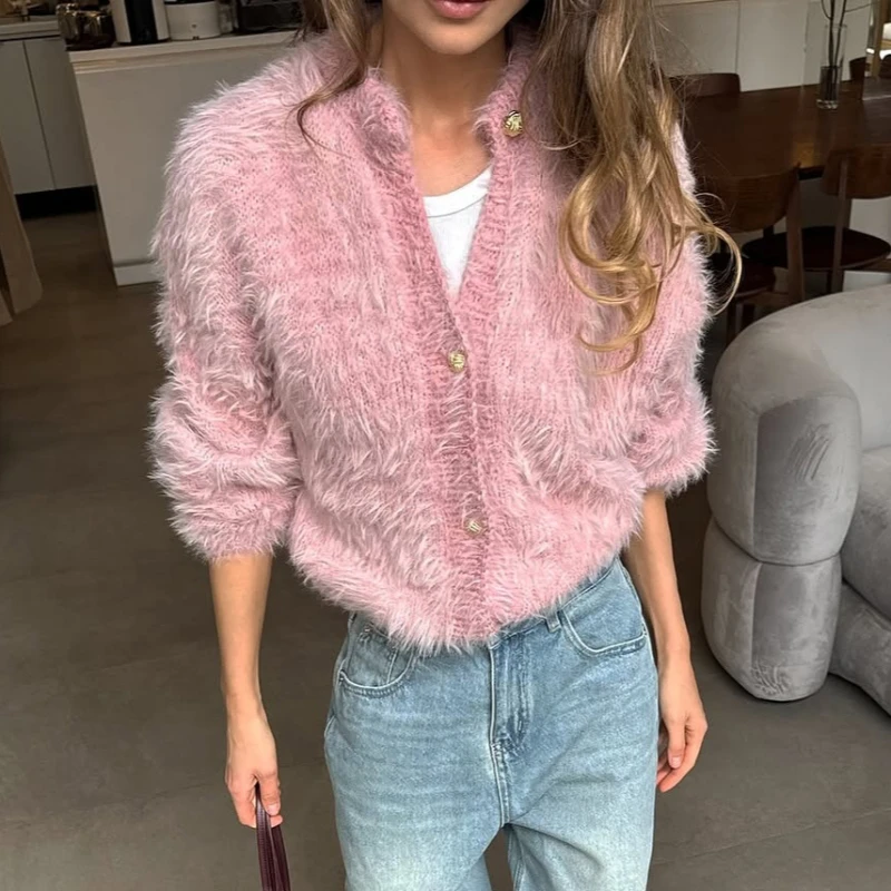 

Tsiisd Women Sweater Warm Plush Cardigan Long Sleeve Solid Patchwork Knit Casual Outwear Cozy Streetwear Thick Female Tops 2026