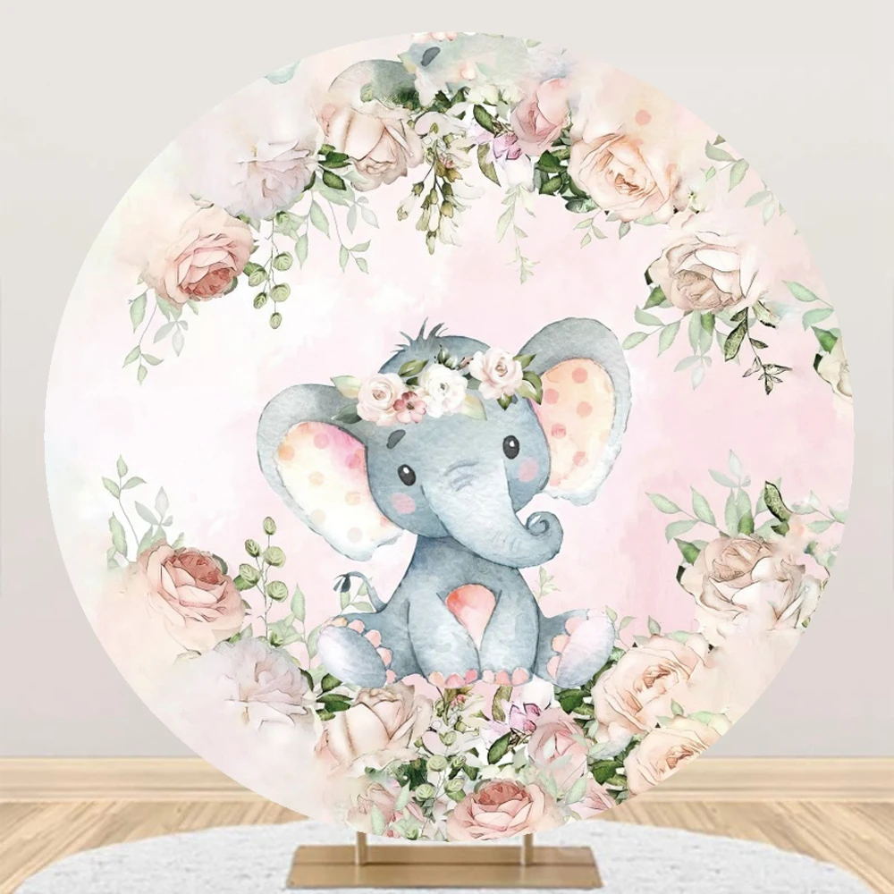 Elephant Baby Shower Round Backdrop Cover Boys Girls 1st Birthday Party Kids Portrait Circle Background for Photography Props