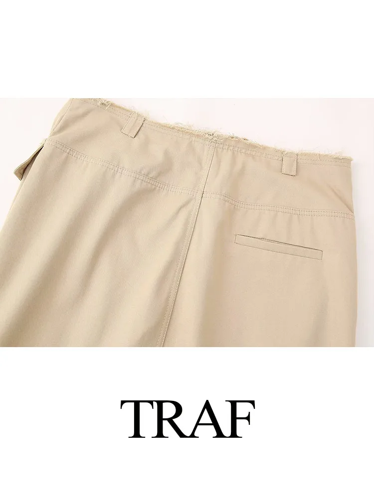 TRAF-Falda larga ceñida para mujer, prenda elegante de cintura alta, con dobladillo en la espalda, color caqui, con bolsillos y cremallera, estilo informal, ropa de calle, 2024