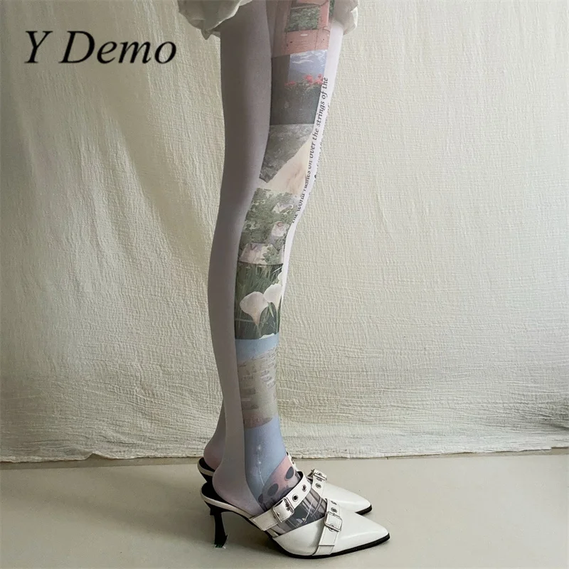 Y Demo Streetwear Y2k White Women's Thin Slim Tights Casual Dreamcore Printing Letters Stocking