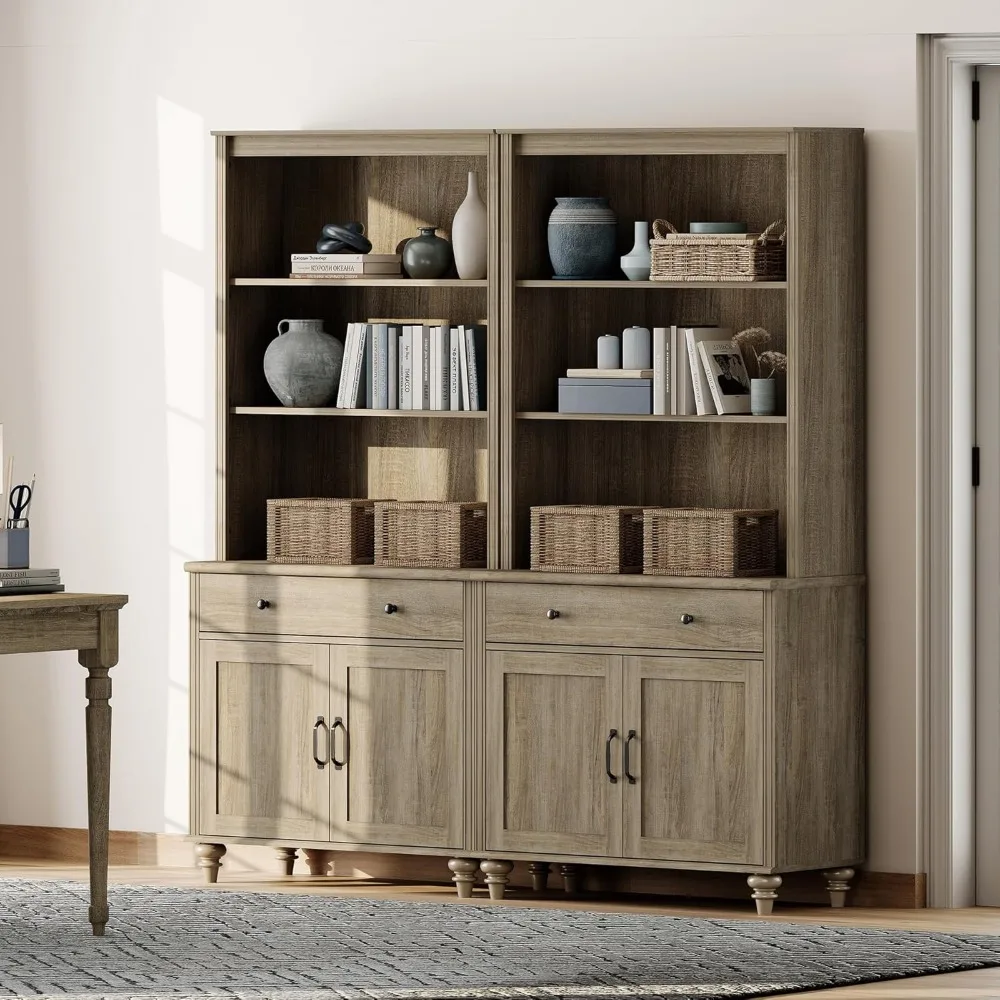 خزانة كتب كبيرة على طراز المزرعة بطول 72 طويلًا مكونة من 5 طبقات مع أبواب الحظيرة وخزانة تخزين ودرجين للعرض والتنظيم #4