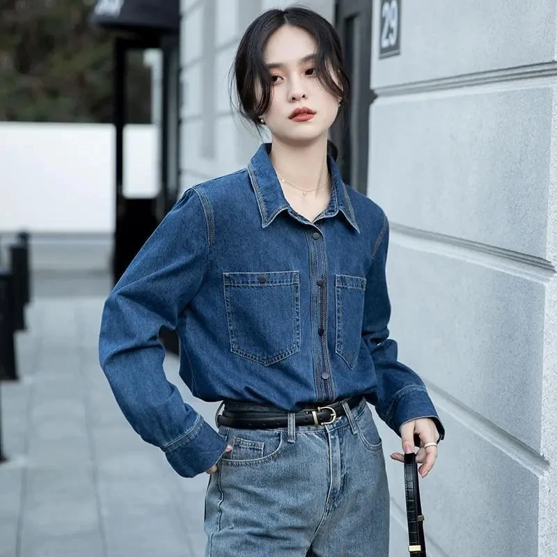 Jeans Shirts Womens Spring Blue Lady Tops Turn-down Neck Cotton Long Sleeve Blusas Blue Pockets Loose Woman Jeans Shirts Blouses