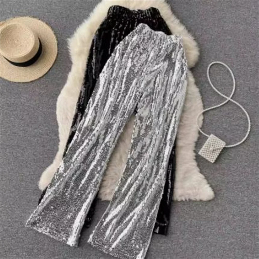 

New sparkling sequin casual pants high waisted slim drape straight leg long pants