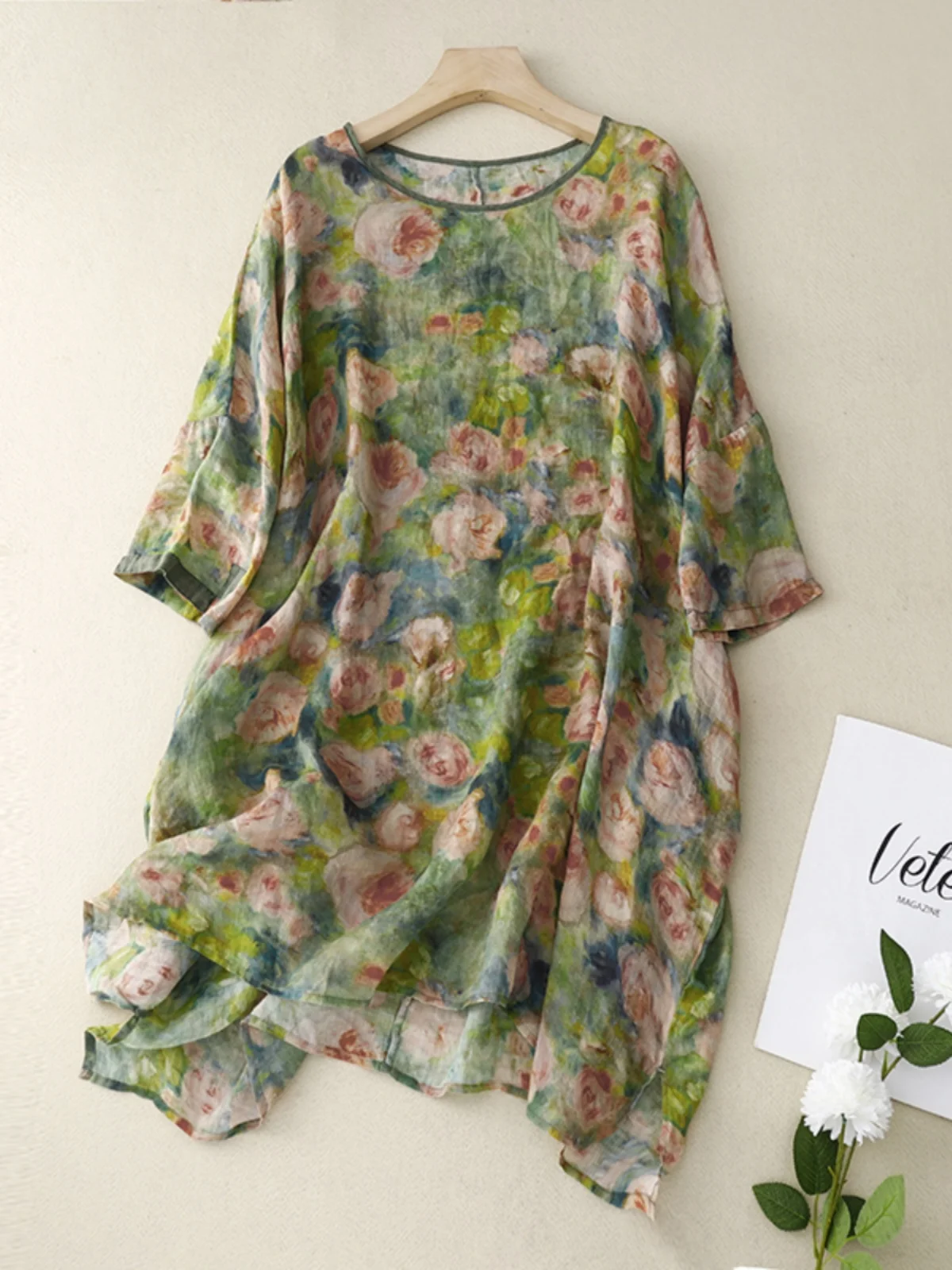 

Women's Slim Fit Cotton Linen irt Floral Print ort Sve mid Length T-irt round Ne Casual Comfortable Summer Top