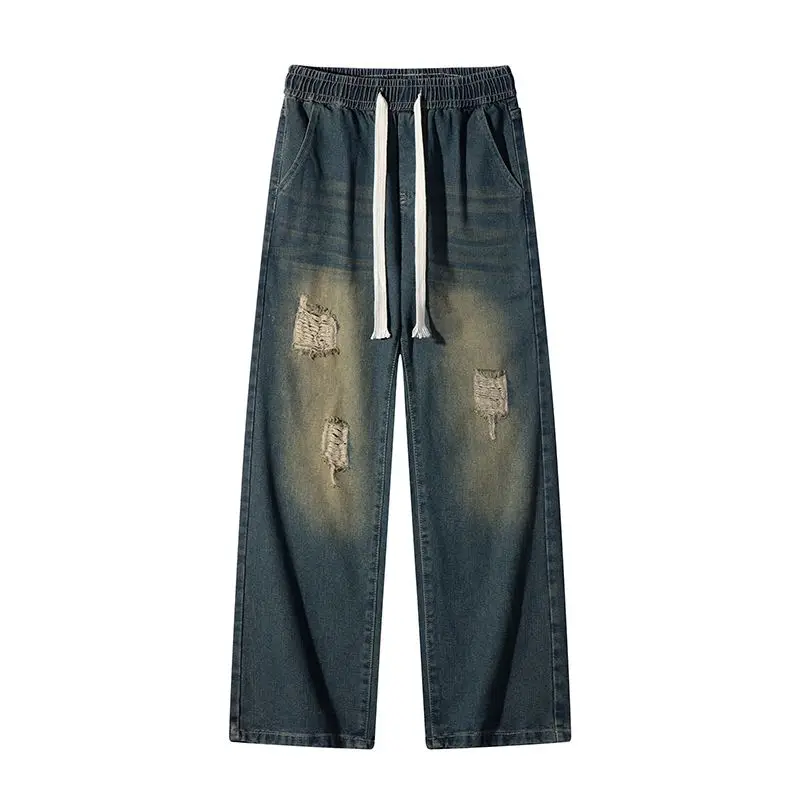 

Men's Spring And Autumn New Casual Wide Leg Long Pants, Micro Pull Floor Jeans, Solid Color Retro Loose Straight Leg Pants