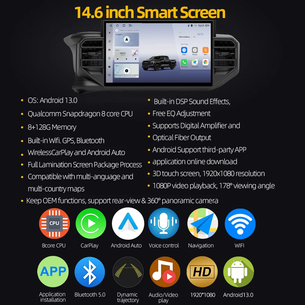14.6INCH Multimídia Video Player Carplay Car Radio For Toyota Tacoma 2016-2023  Android 15 Car Radio 4G WIFI Navigation Stereo