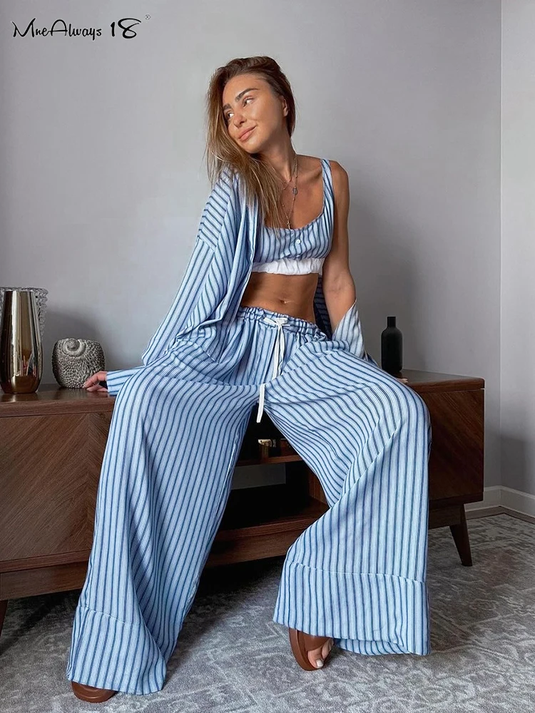 Mnealways18 Stripe Casual 3 Pieces Sets With Bra Women Oversize Shirts And Drawstring Pants Homewear Suits Autumn 2024 Sleepwear