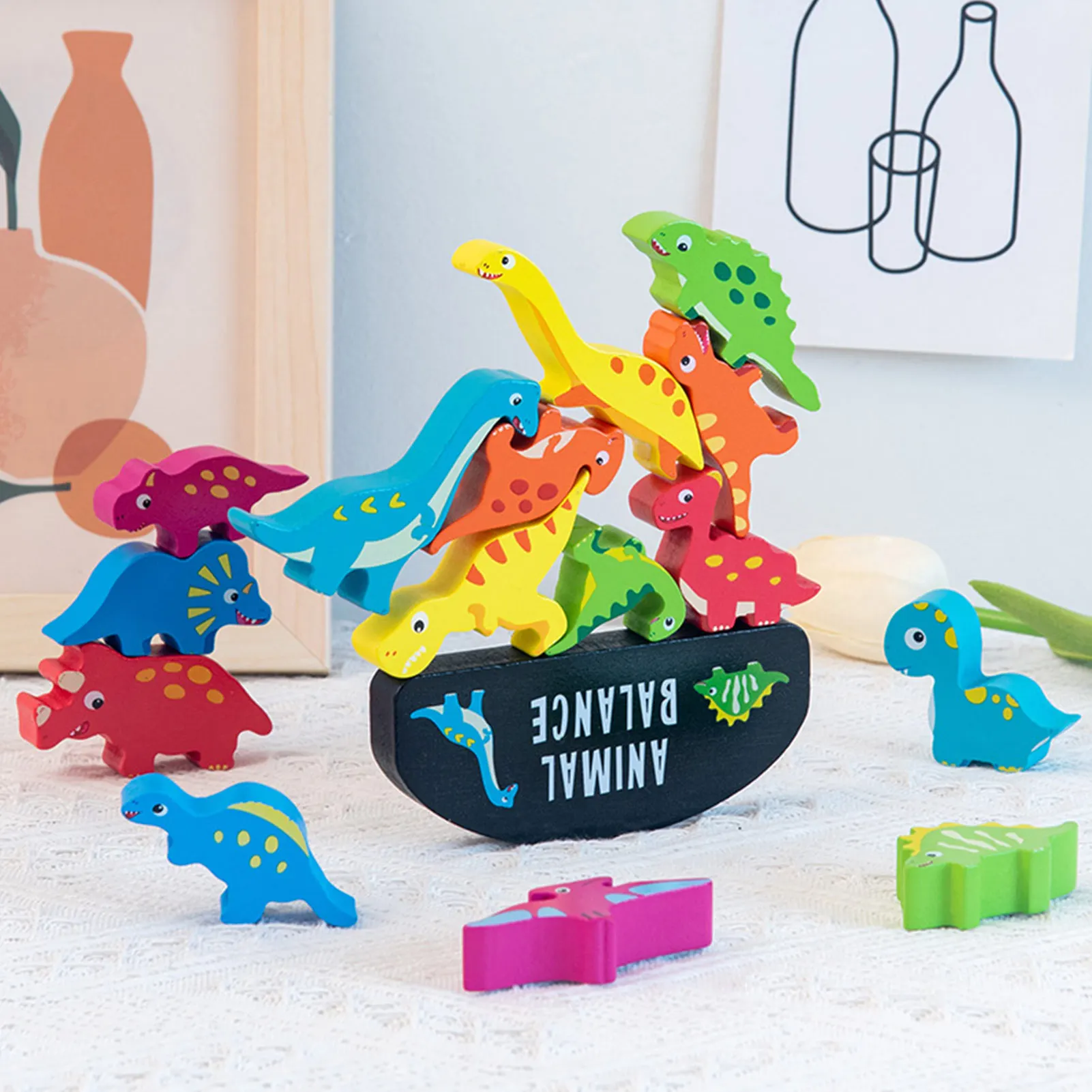 Crianças montessori blocos de equilíbrio animais de madeira jogos de tabuleiro brinquedo dinossauro educacional empilhamento alto bloco de construção de madeira brinquedo meninos