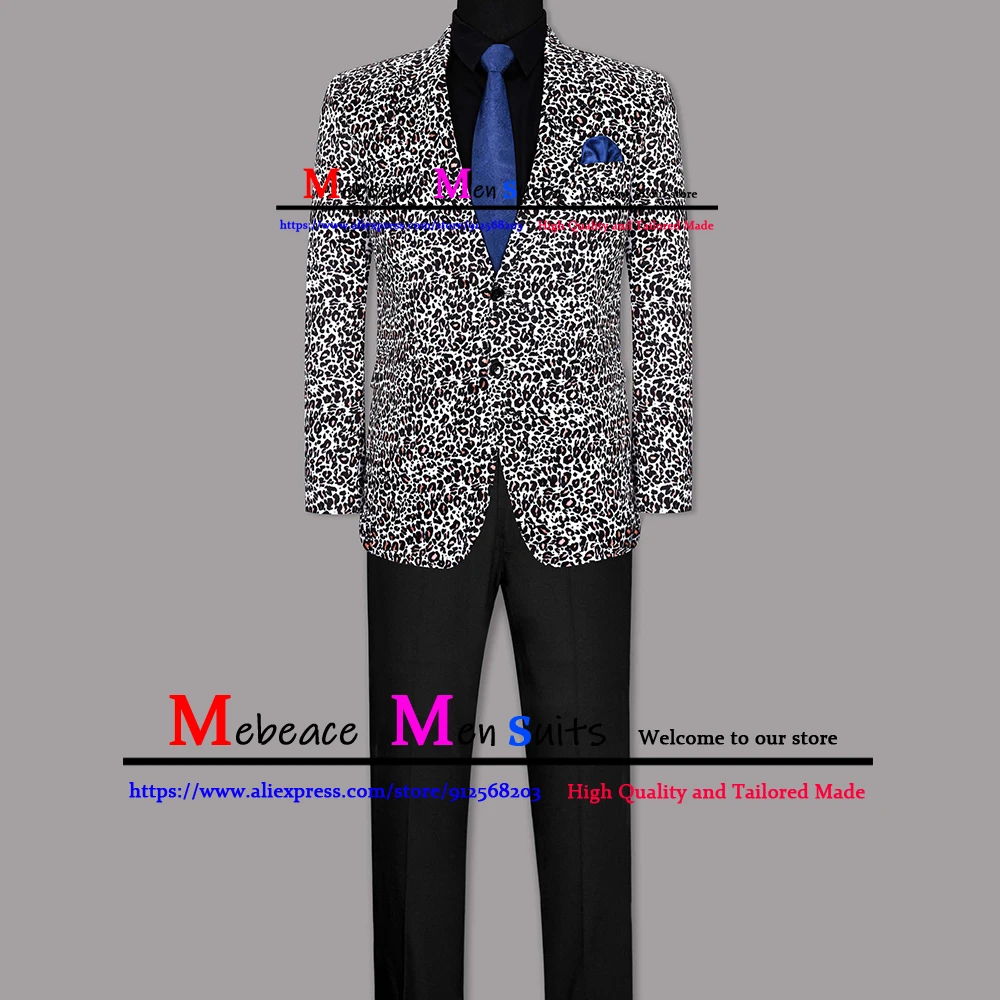 Casual Leopard Print Men Suit Set 2 Piece Jacket with Pants Slim Fit Safari Suits for Men Singer Star Coat Wedding Party Tuxedo