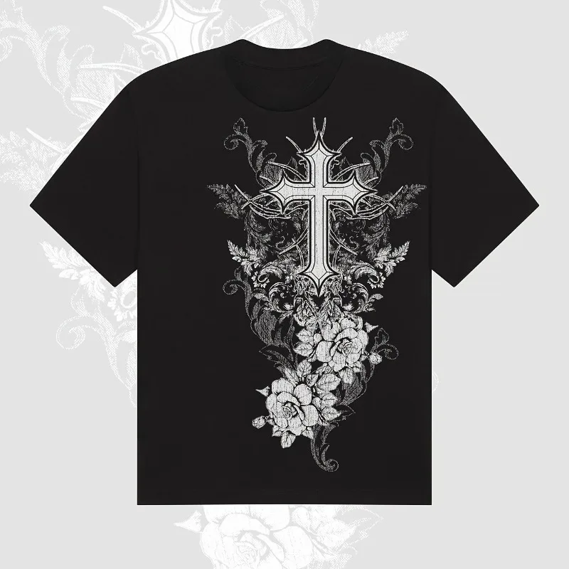 Dark Atmosphere! Vintage Cross Rose Printed T-shirt for Women Y2K Summer New Style Unisex Casual Top