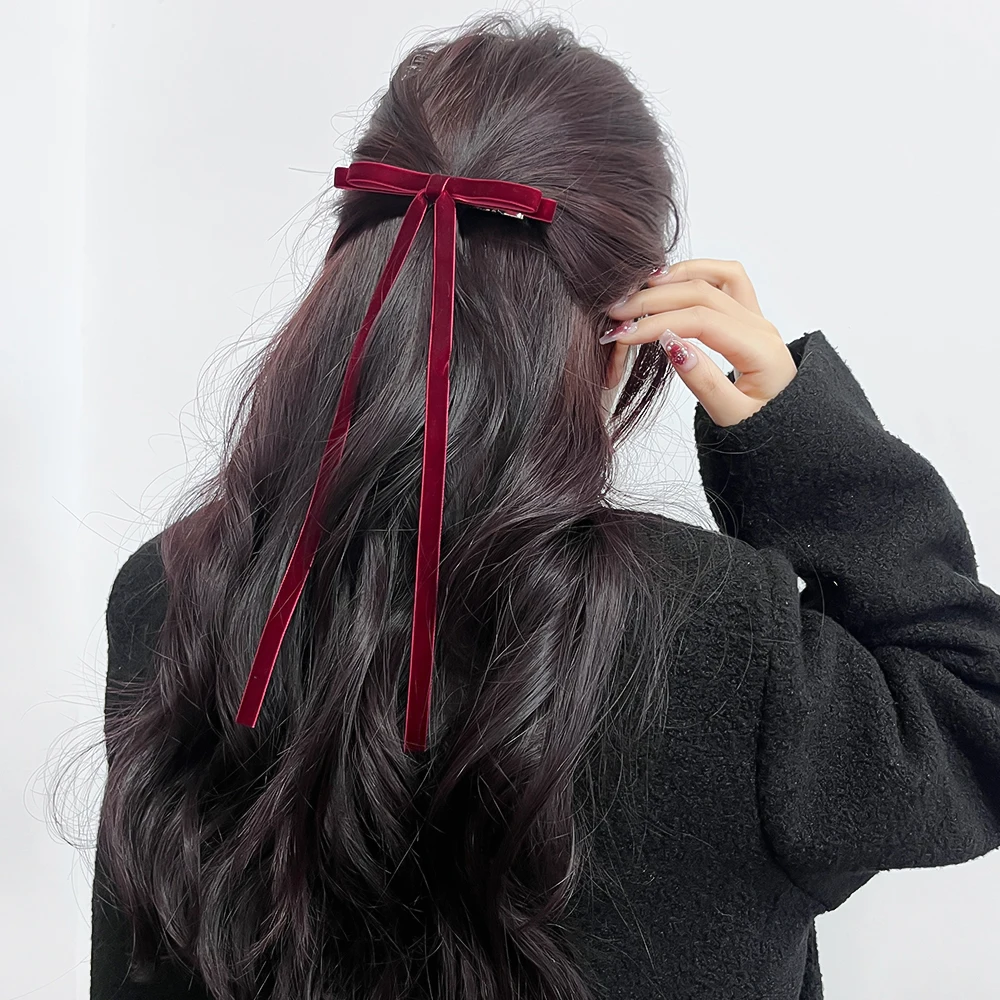 2pcs Vintage Red Velvet Bow Hair Clip For Women Girls Korean Long Tassel Ribbon Hairpins Barrettes Headwear Hair Accessories