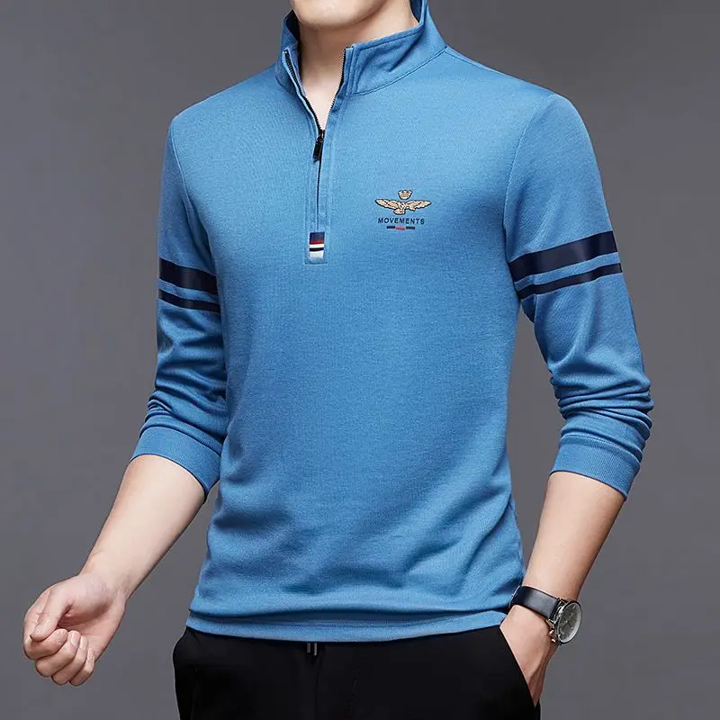 Business Casual Zipper Spliced Men\'s Polo-Neck Shirt Autumn Winter Simplicity Handsome Solid Color Long Sleeve Tops Male Clothes