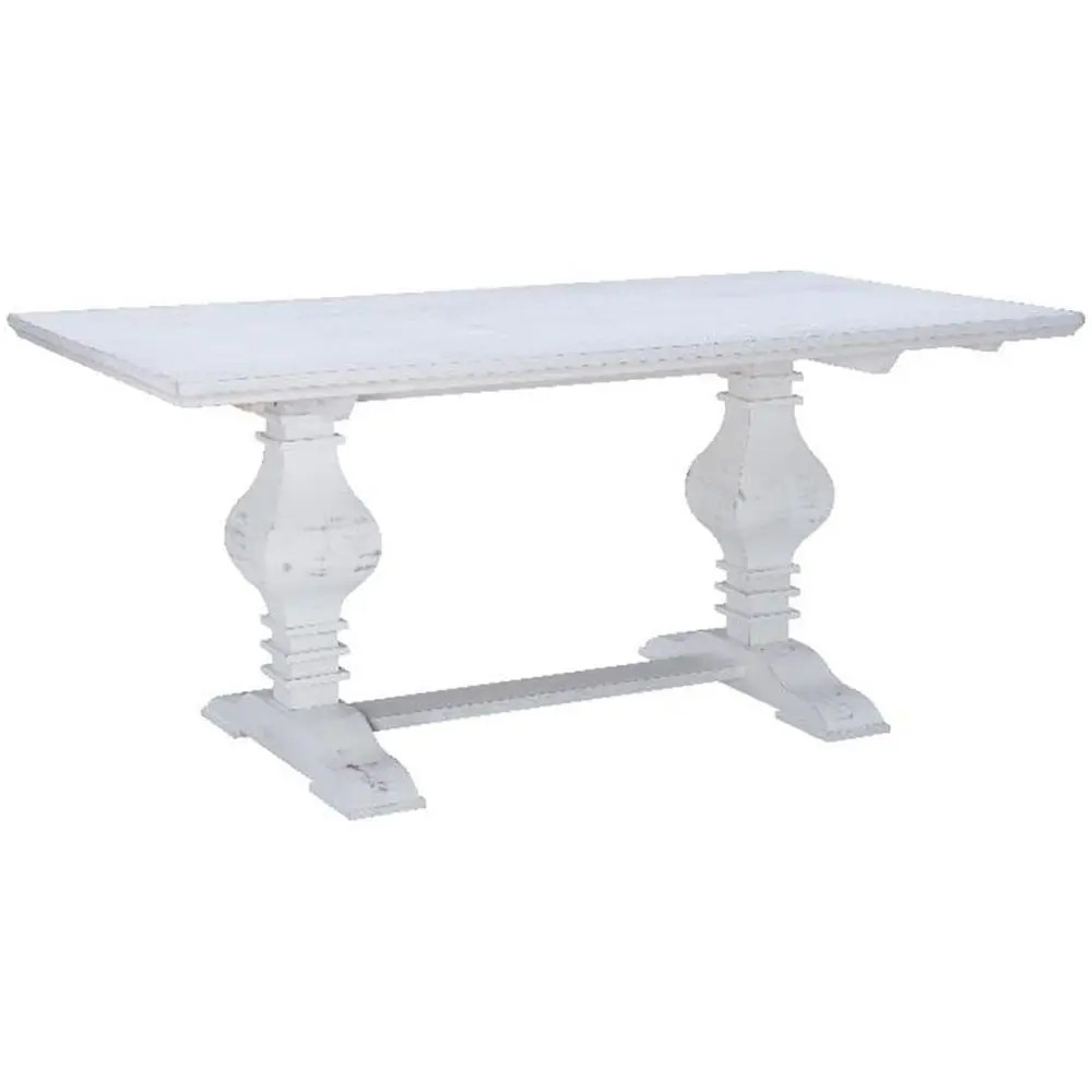 

ern Pine Wood Dining Table, Distred White inish, 66.88" L x 37.75" D x 30.25" H, Solid Pine truction, Trestle Pedestal Base, arm