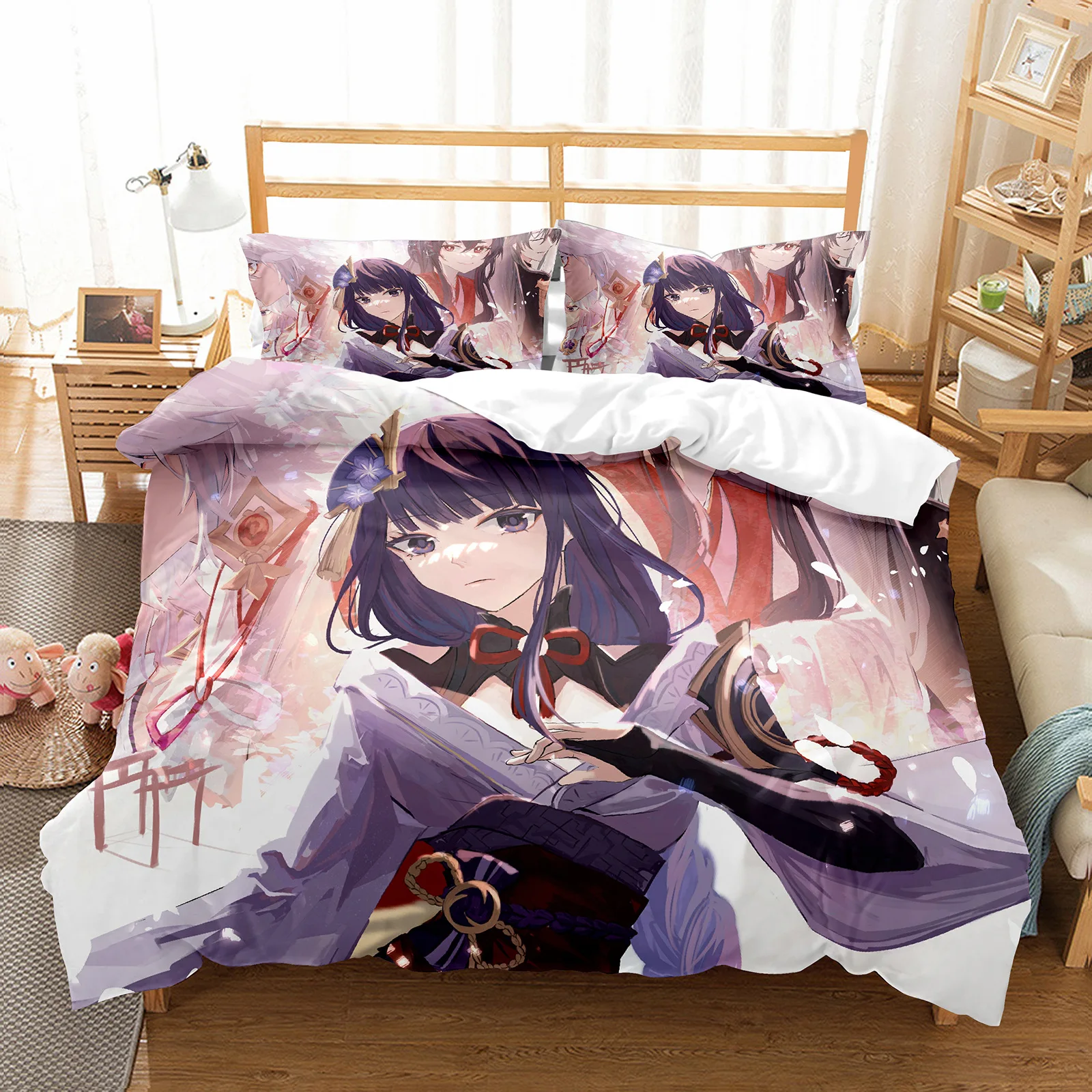 Genshin Impact Raiden Shogun Pillowcase Bedding Bag Cartoon 3 Pcs Set Anime Customize Bedding Decoration Cute Quilt Cover