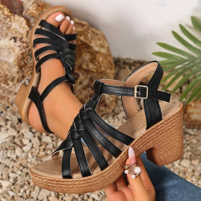 Fashion Woven Straps Chunky Heel Sandals Women Summer Ankle Buckle High Heeled Rome Shoes Woman Open Toe Platform Sandles 36-42