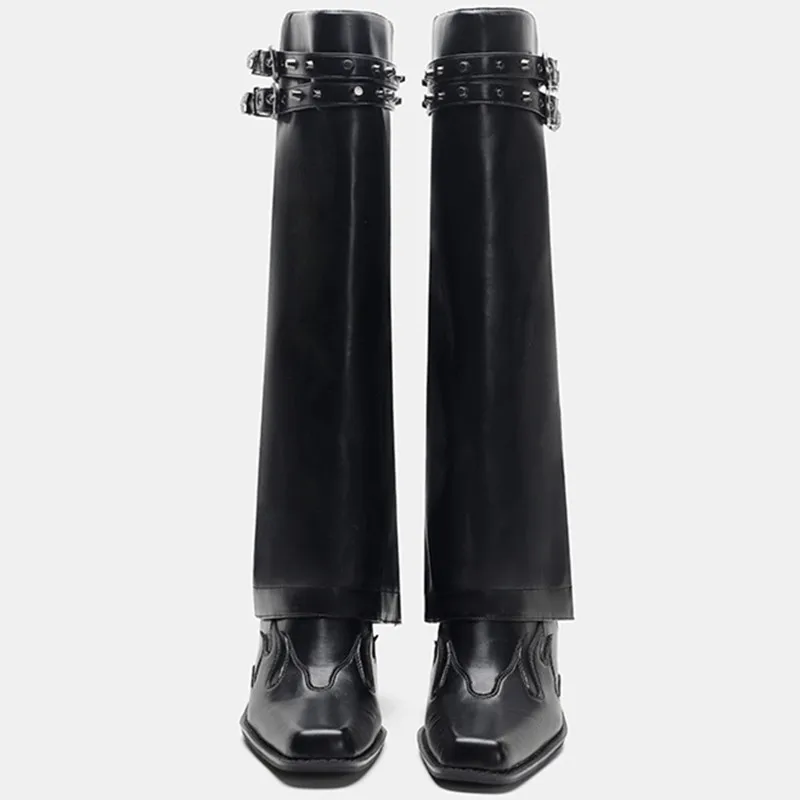 Rivet Decoration Knee-high Boots Women Punk Designer New Brand Square Toe Female Shoes Belt Buckle High Heel Solid Color Shoes