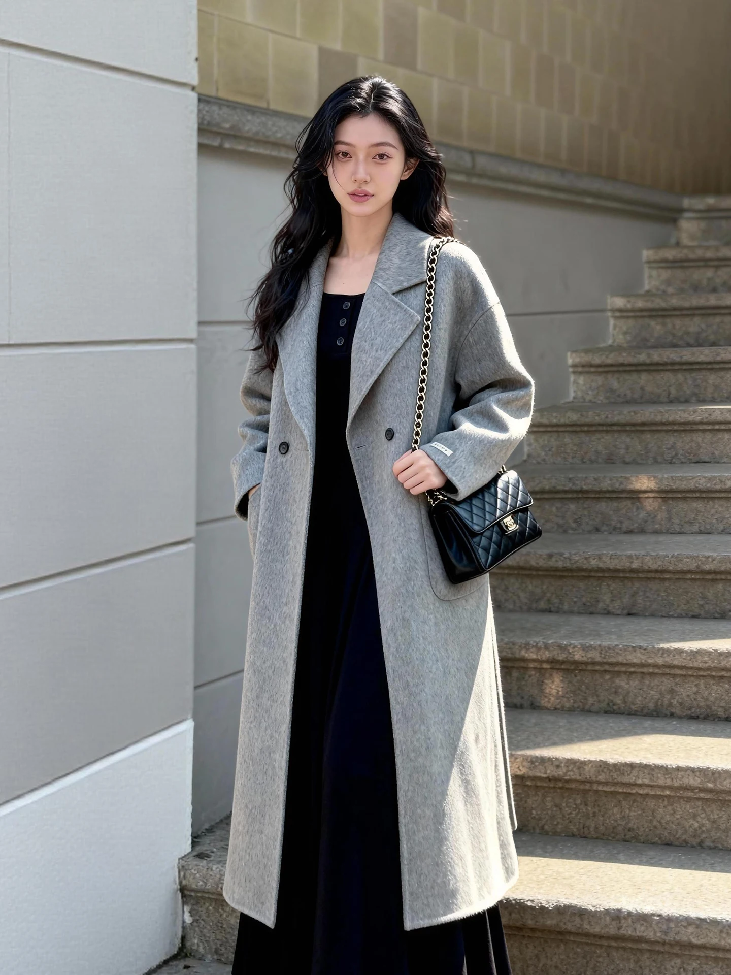 

Ele Vintage Loose Fit Light ey Double Woolen Coat Hand Sewn High Quali Autumn Winter Faion Women's Outerwear