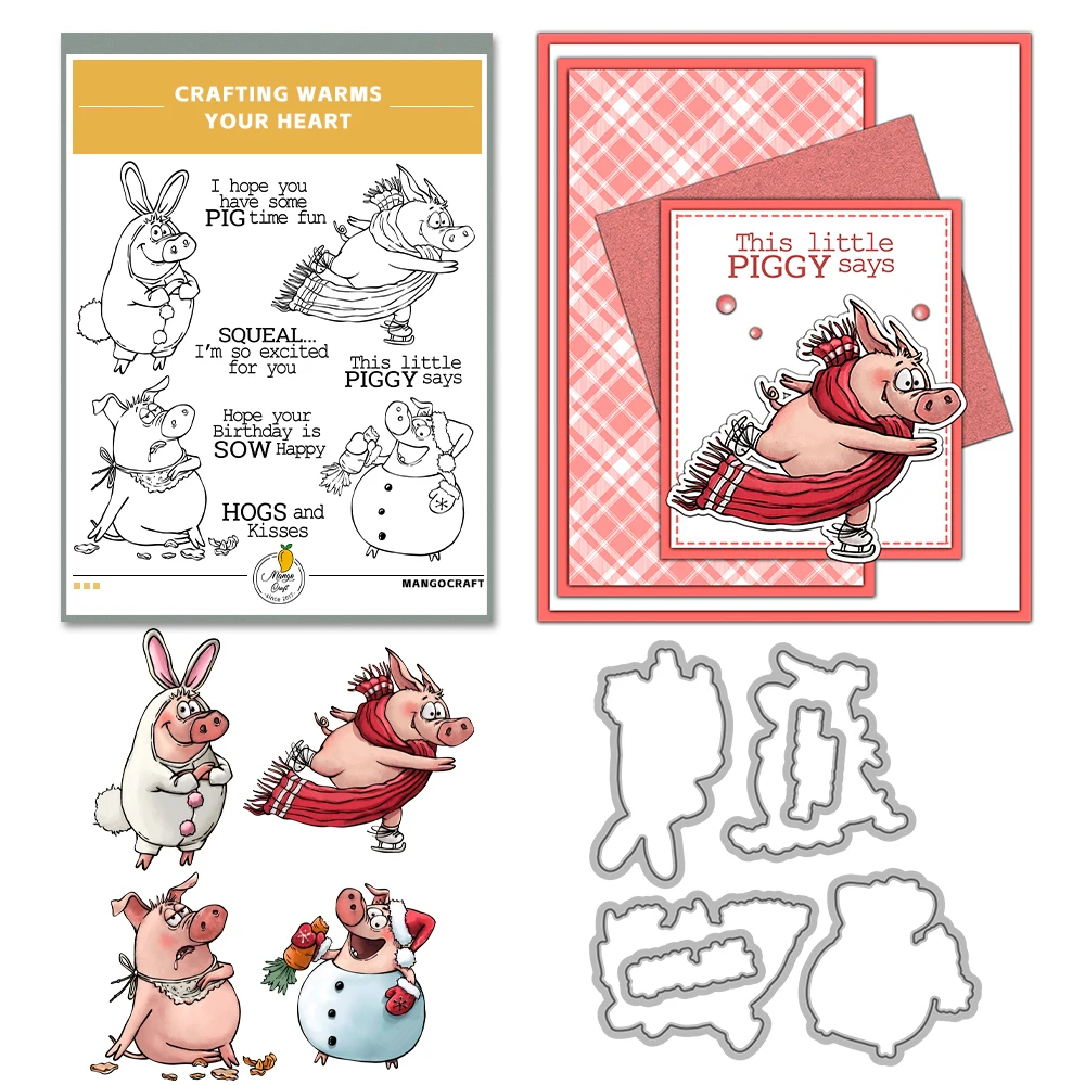Mangocraft Cute Cartoon Fatty Pigs Cutting Dies And Clear Stamp DIY Scrapbooking Metal Dies Silicone Stamps For Card Album Decor