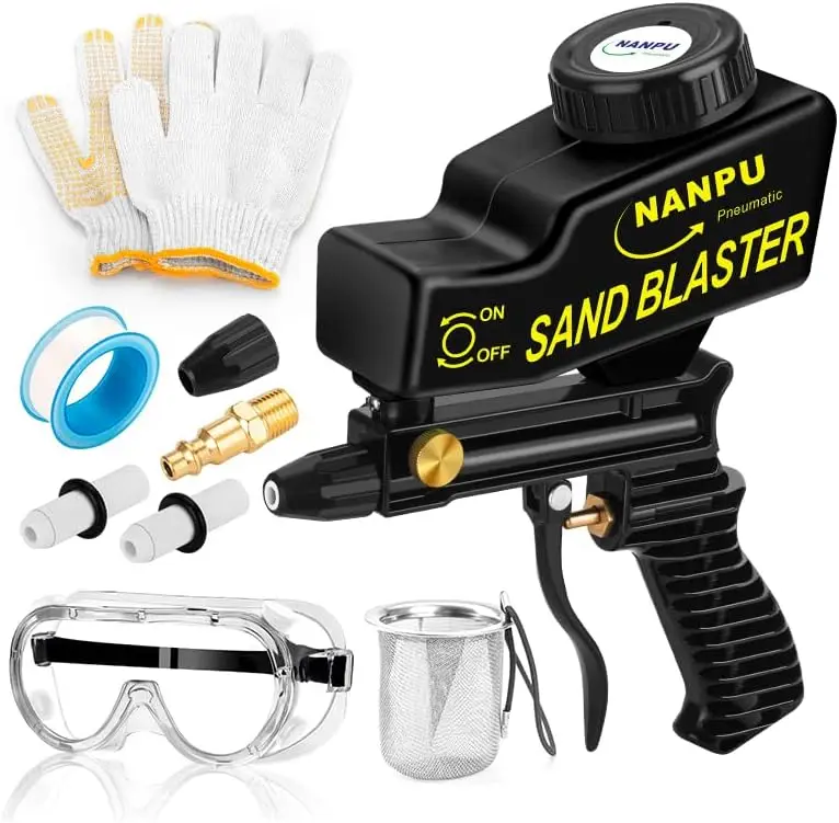 

Air Sand Blaster Gun with Gravity Feed - Ceramic Nozzle, Metal Body | for Paint, Rust Removal, and Glass Etching | Versatile