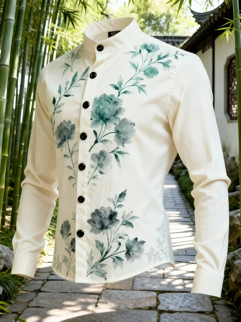 New Zen style ancient style long sleeved shirt, Chinese ink peony art men's standing collar long sleeved shirt