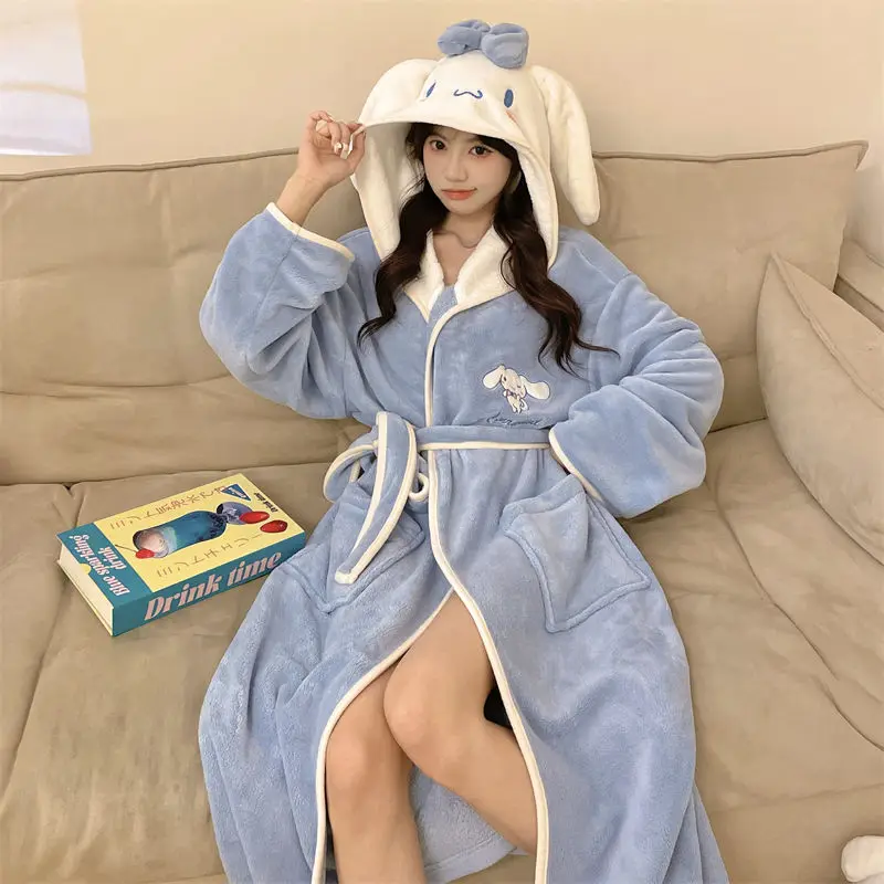 Sanrioed Pajamas Cartoon Kuromi Cinnamoroll Hooded Bathrobe Women My Melody New Adult Child Cotton Thickened Cartoon Sleeprobe