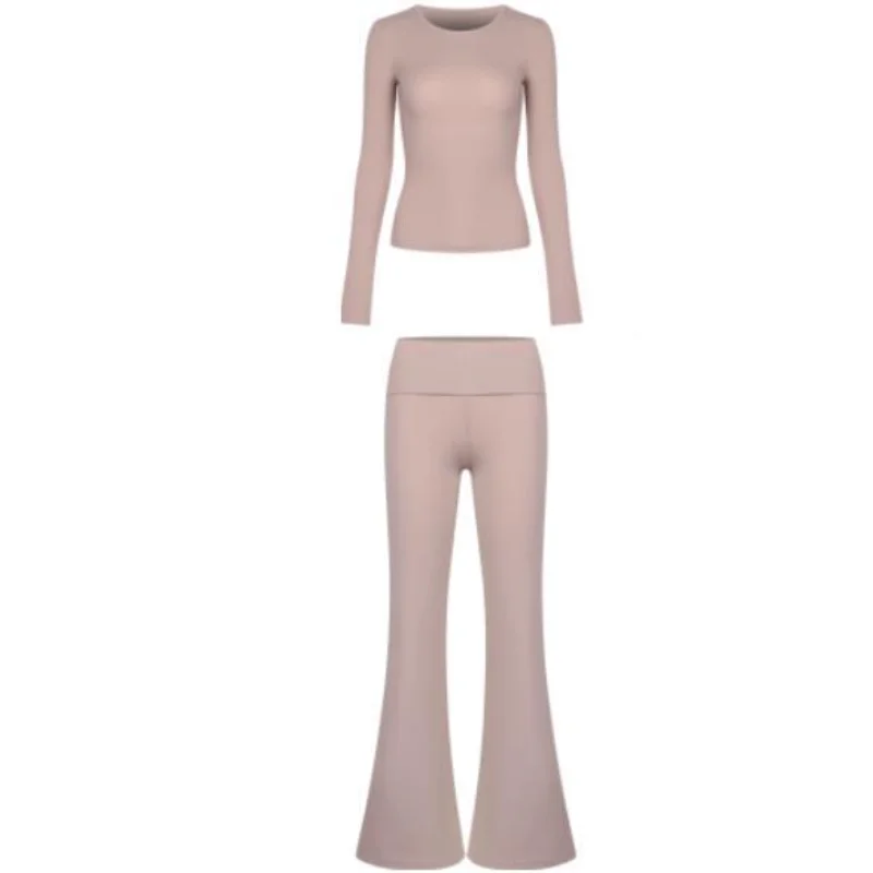 

Long Sleeve High Waist Flared Pants Set Casual Loose Fit Floor Length Trousers Hot Girl Pure Color Autumn Fashion Set for Women