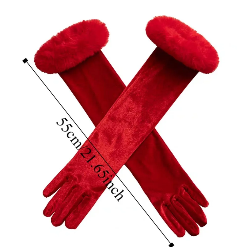 Red/Black Plush Christmas Gloves Cosplay Retro Velvet Long Gloves Elegant Stage Performance Etiquette Mittens Autumn