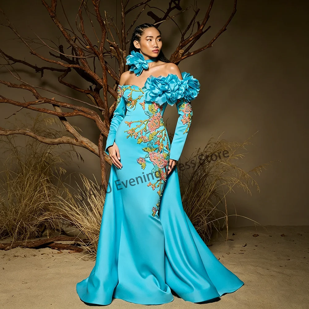 Robe de soirée sirène en satin avec appliques exquises, manches longues, épaules dénudées, dos nu, robe de soirée sexy, personnalisée