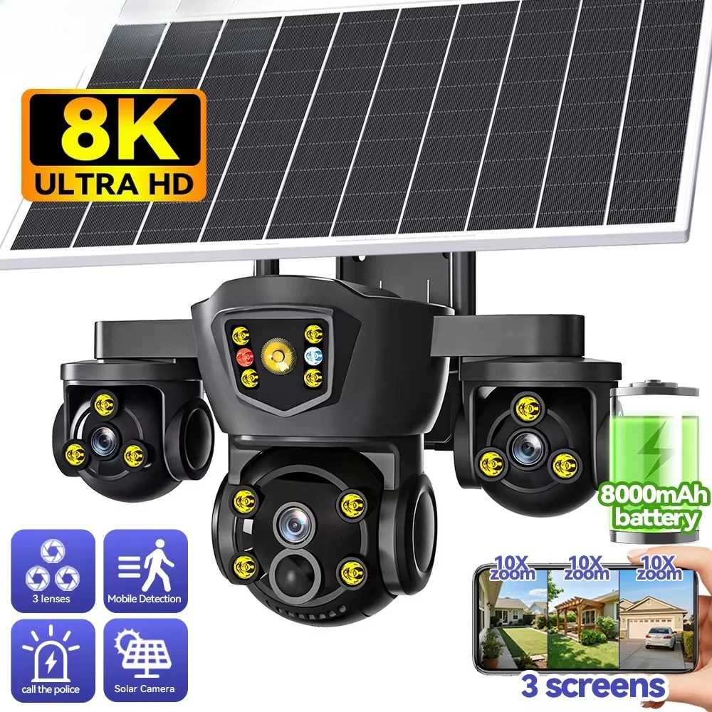

9MP Solar Powered Three Lens Security Camera Night Vision PIR WiFi for Outdoor Use 1080P 4G Memory Card Storage CCTV Camera