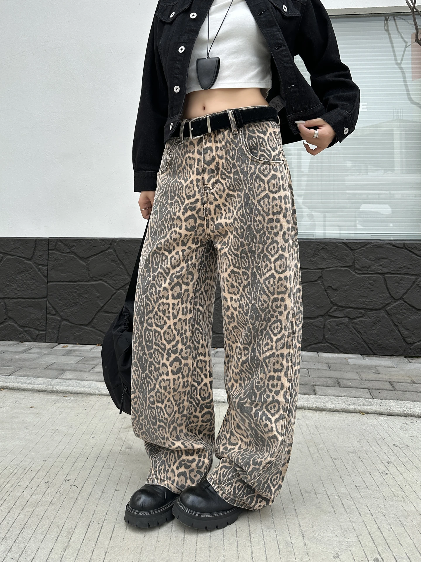 

Джинсы с леопардовым принтом в стиле ретро, мужские и женские винтажные свободные прямые широкие брюки с завязками, весна-лето, Новое поступление, хлопковая джинсовая ткань